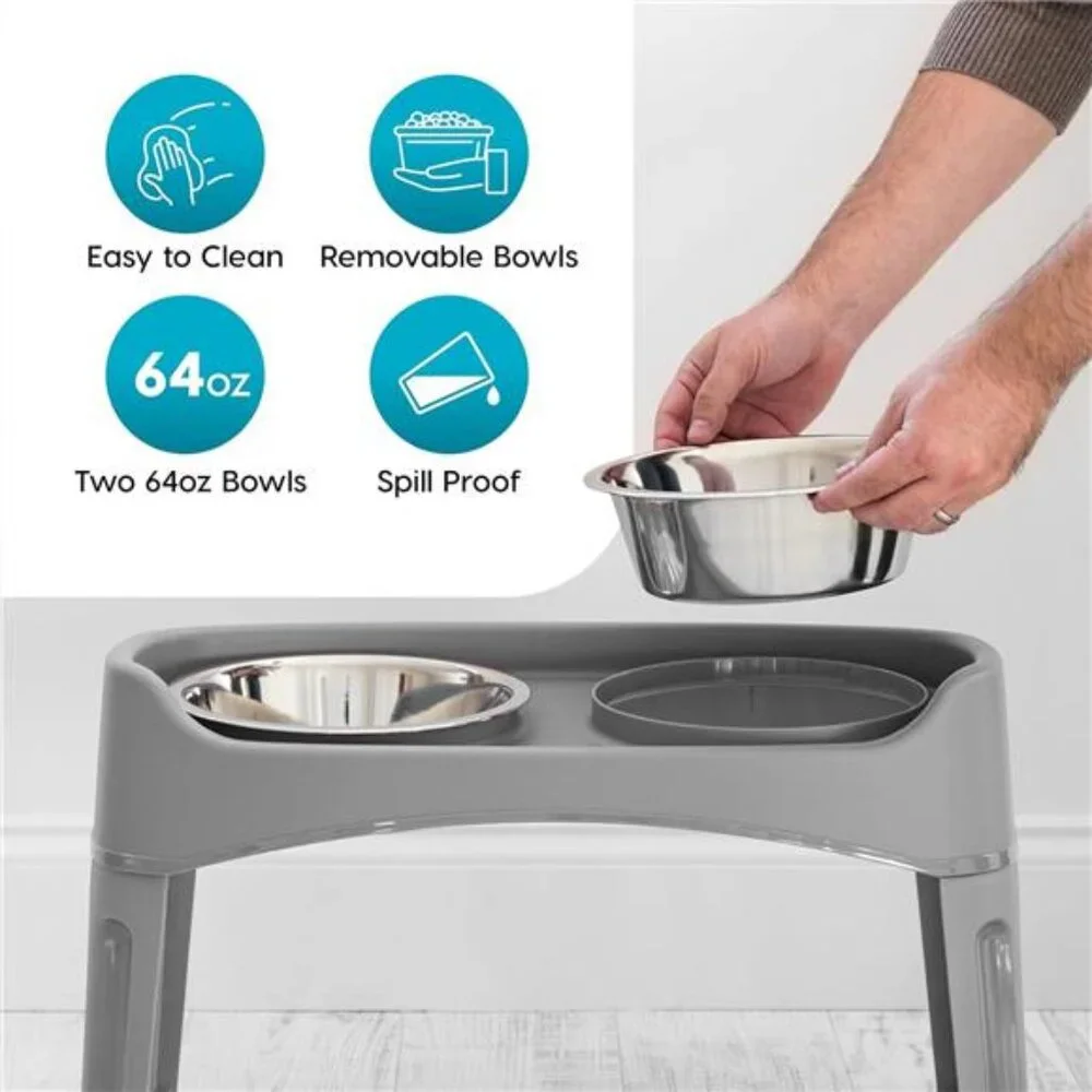 Elevated Dog Bowls, Adjustable Height, 2 Thick 64 oz Stainless Steel Bowls